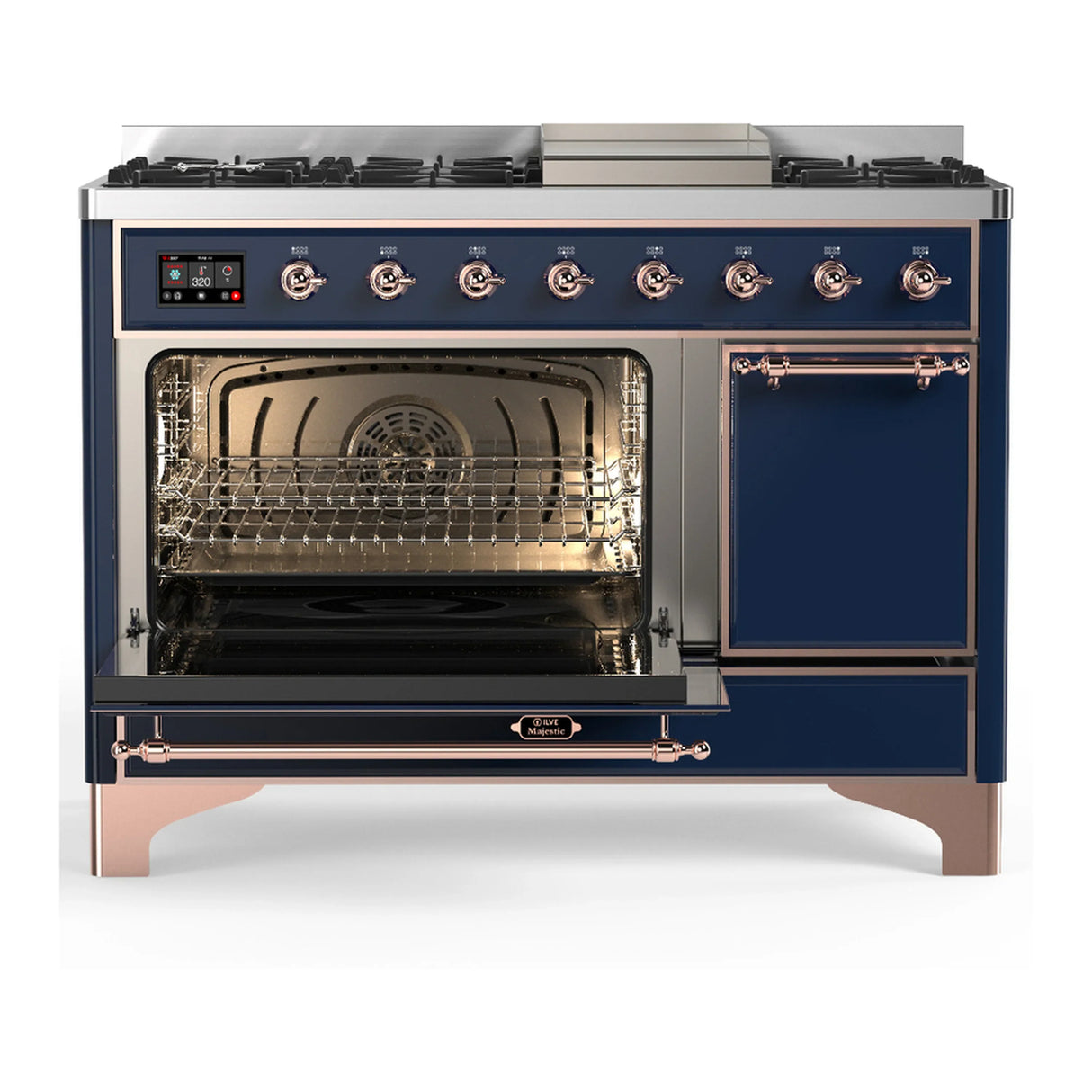 ILVE Majestic III 48-inch Dual Fuel Range with 5 Natural Gas Burner, Griddle and Solid Door Electric Oven in Midnight Blue with Copper Trim (UM48FQNR3MBP)