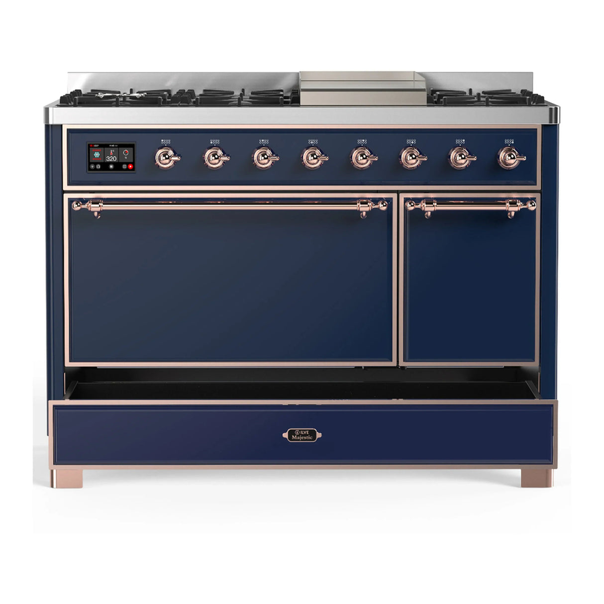 ILVE Majestic III 48-inch Dual Fuel Range with 5 Natural Gas Burner, Griddle and Solid Door Electric Oven in Midnight Blue with Copper Trim (UM48FQNR3MBP)