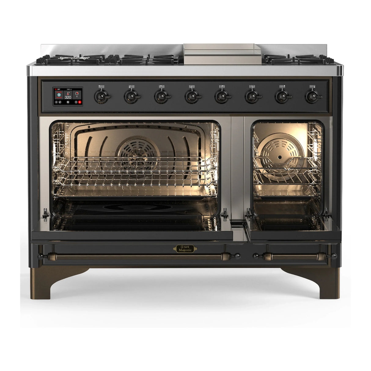 ILVE Majestic III 48-inch Dual Fuel Range with 5 Liquid Propane Burner, Griddle and Solid Door Electric Oven in Graphite Matte with Burnished Trim (UM48FQNR3MGBLP)