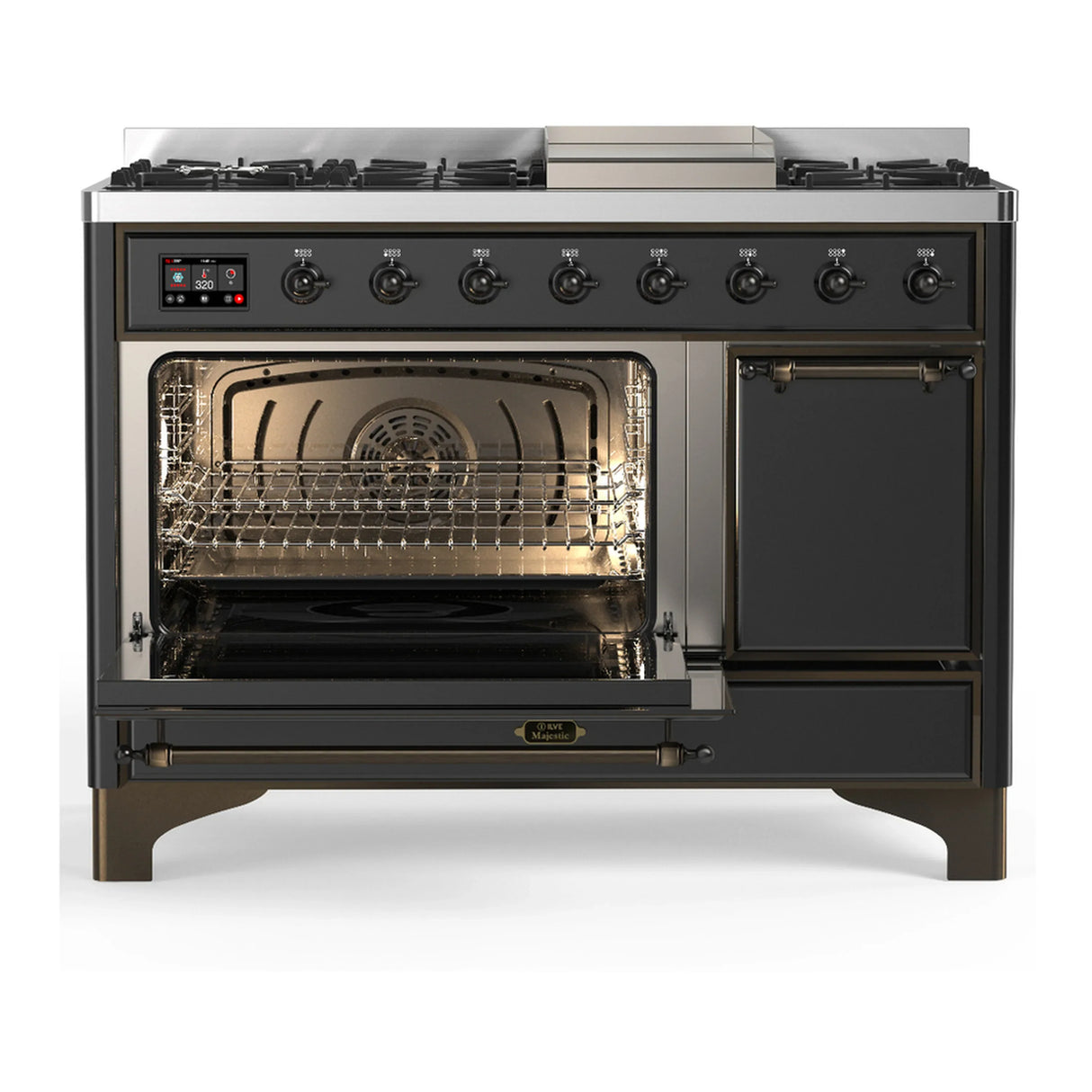 ILVE Majestic III 48-inch Dual Fuel Range with 5 Liquid Propane Burner, Griddle and Solid Door Electric Oven in Graphite Matte with Burnished Trim (UM48FQNR3MGBLP)