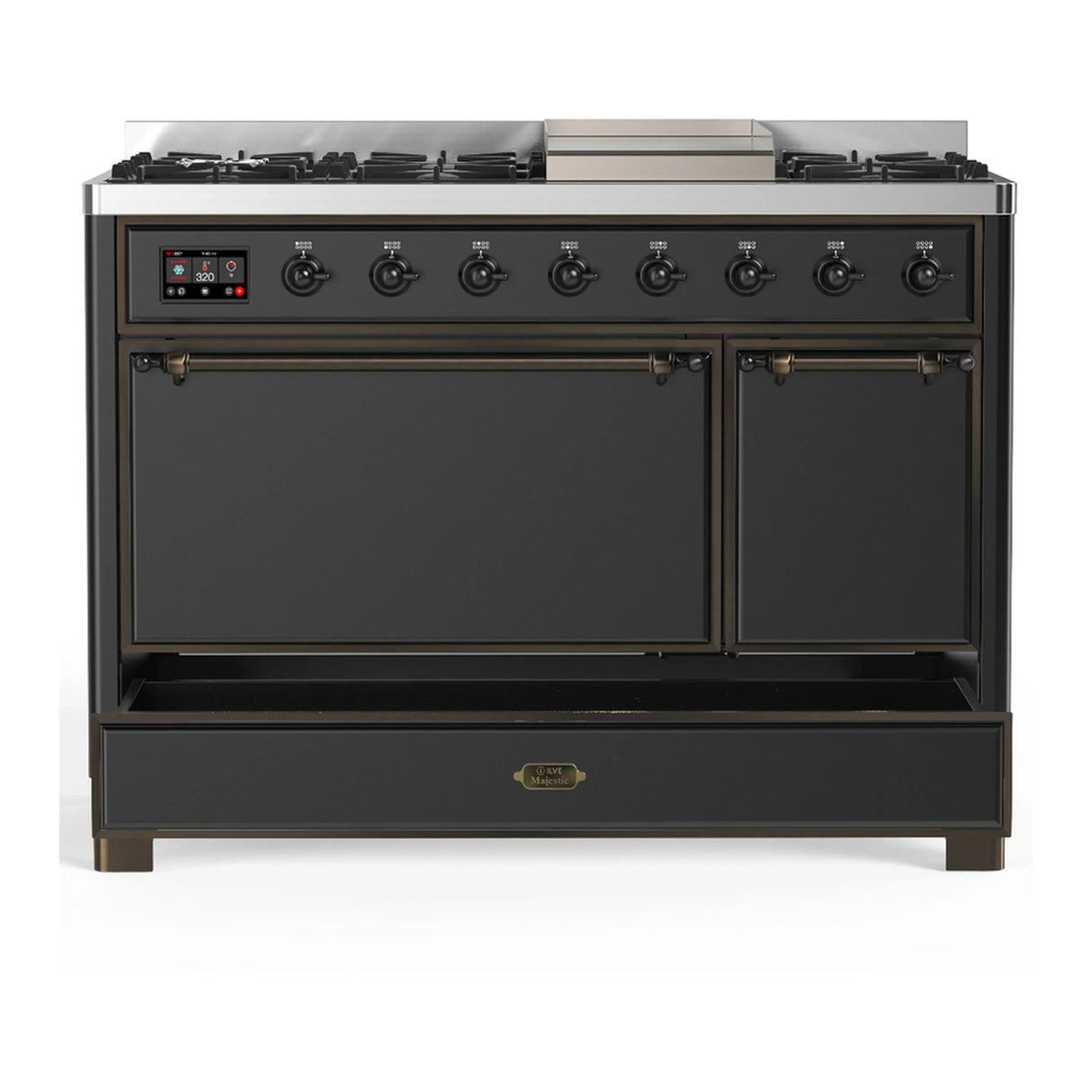 ILVE Majestic III 48-inch Dual Fuel Range with 5 Liquid Propane Burner, Griddle and Solid Door Electric Oven in Graphite Matte with Burnished Trim (UM48FQNR3MGBLP)