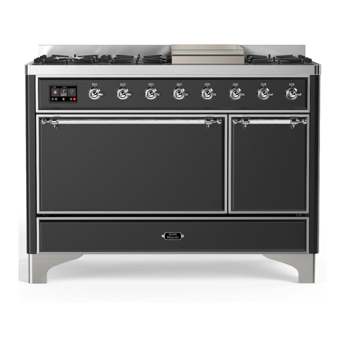 ILVE Majestic III 48-inch Dual Fuel Range with 5 Natural Gas Burner, Griddle and Solid Door Electric Oven in Graphite Matte with Chrome Trim (UM48FQNR3MGC)
