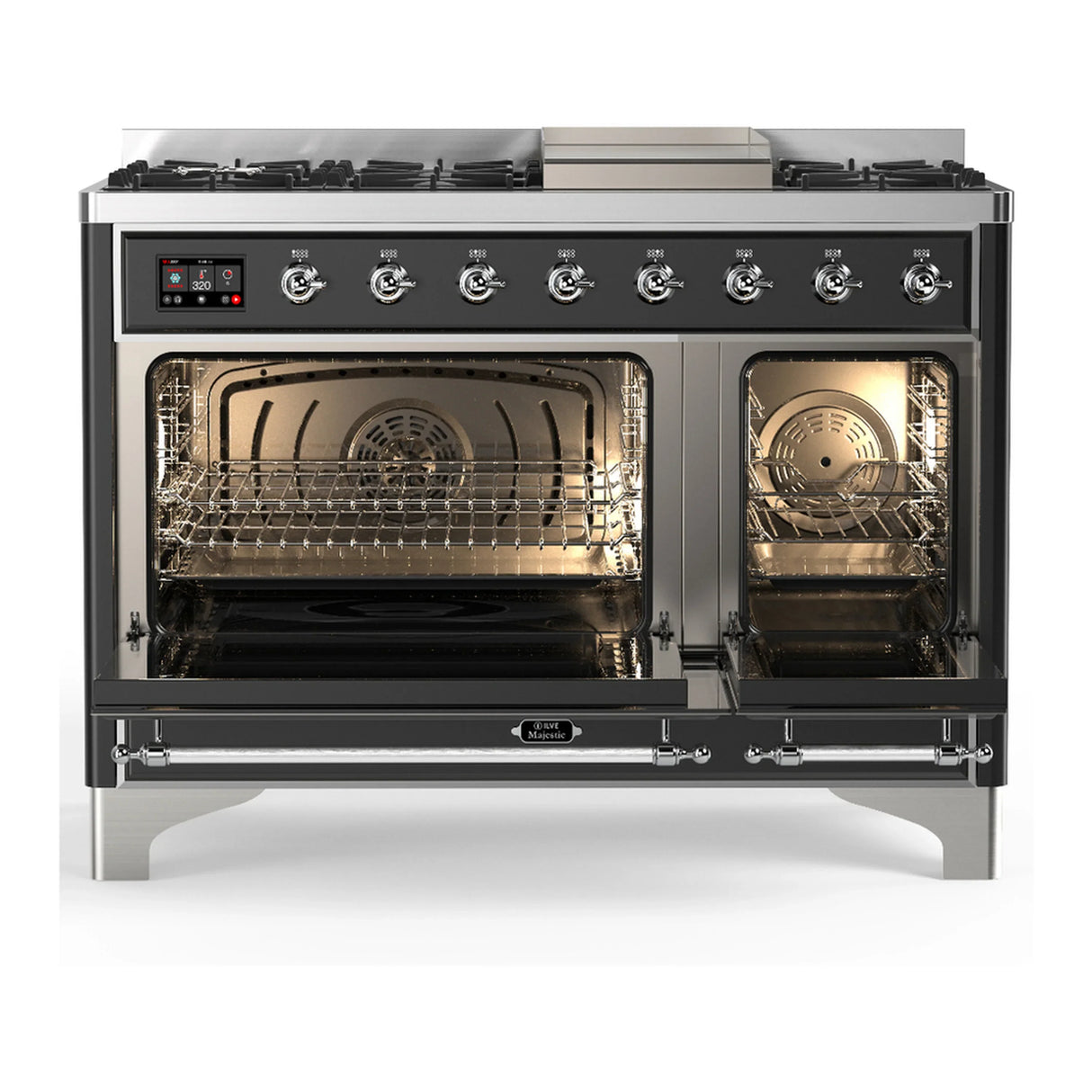 ILVE Majestic III 48-inch Dual Fuel Range with 5 Natural Gas Burner, Griddle and Solid Door Electric Oven in Graphite Matte with Chrome Trim (UM48FQNR3MGC)