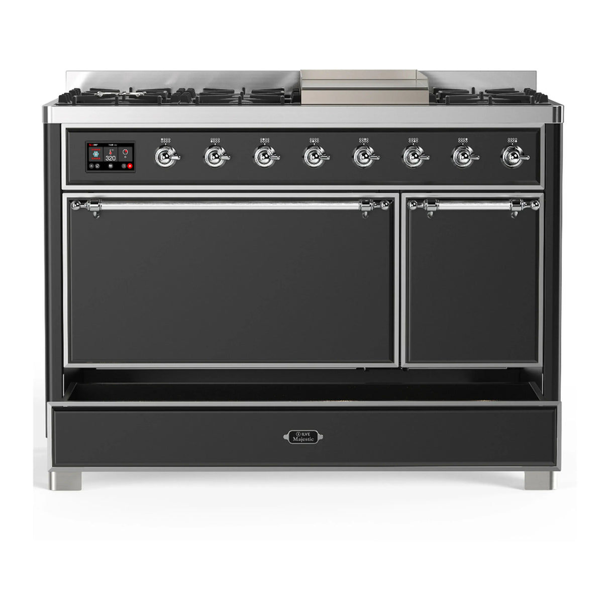 ILVE Majestic III 48-inch Dual Fuel Range with 5 Natural Gas Burner, Griddle and Solid Door Electric Oven in Graphite Matte with Chrome Trim (UM48FQNR3MGC)