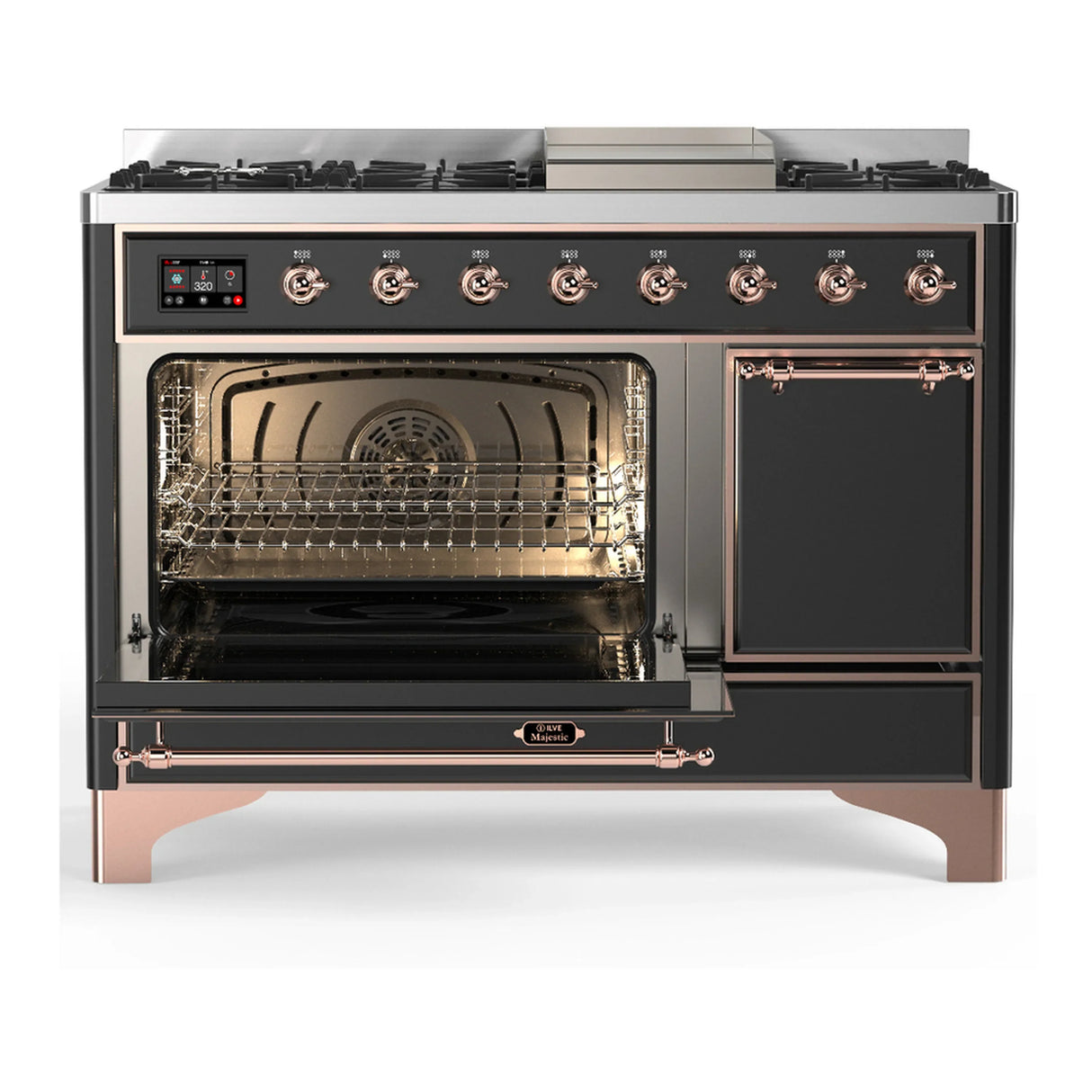 ILVE Majestic III 48-inch Dual Fuel Range with 5 Liquid Propane Burner, Griddle and Solid Door Electric Oven in Graphite Matte with Copper Trim (UM48FQNR3MGPLP)