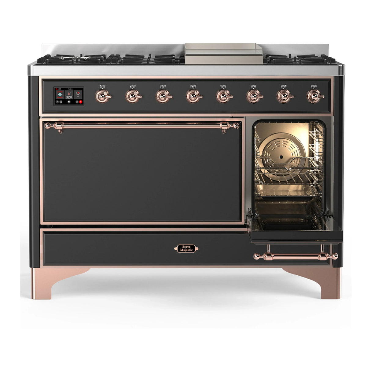 ILVE Majestic III 48-inch Dual Fuel Range with 5 Liquid Propane Burner, Griddle and Solid Door Electric Oven in Graphite Matte with Copper Trim (UM48FQNR3MGPLP)