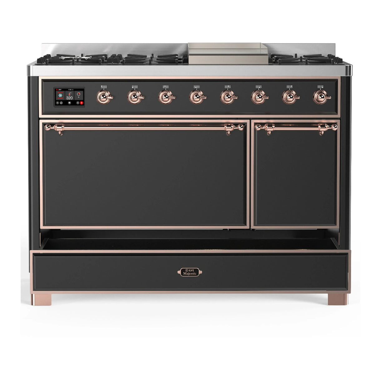 ILVE Majestic III 48-inch Dual Fuel Range with 5 Liquid Propane Burner, Griddle and Solid Door Electric Oven in Graphite Matte with Copper Trim (UM48FQNR3MGPLP)