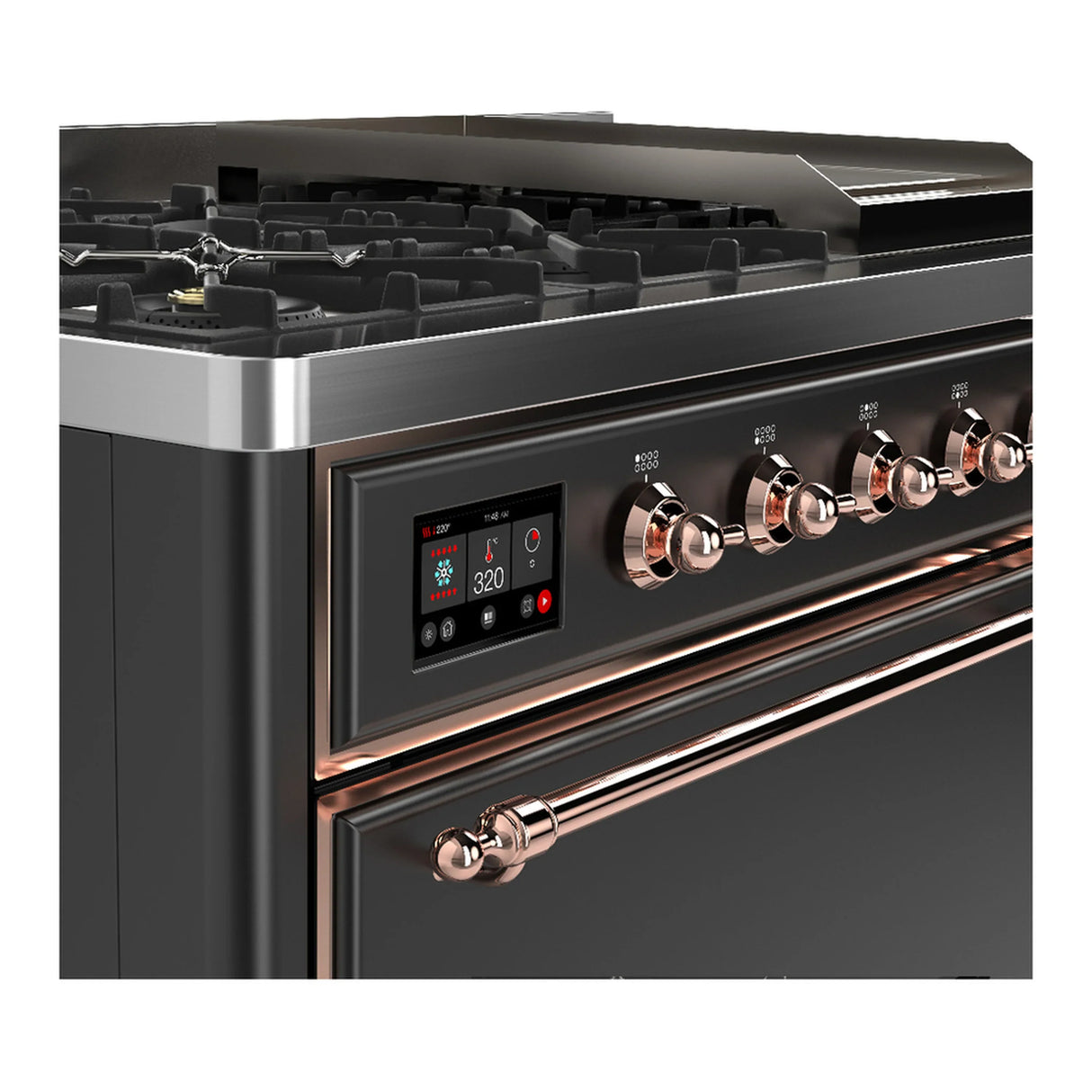 ILVE Majestic III 48-inch Dual Fuel Range with 5 Liquid Propane Burner, Griddle and Solid Door Electric Oven in Graphite Matte with Copper Trim (UM48FQNR3MGPLP)