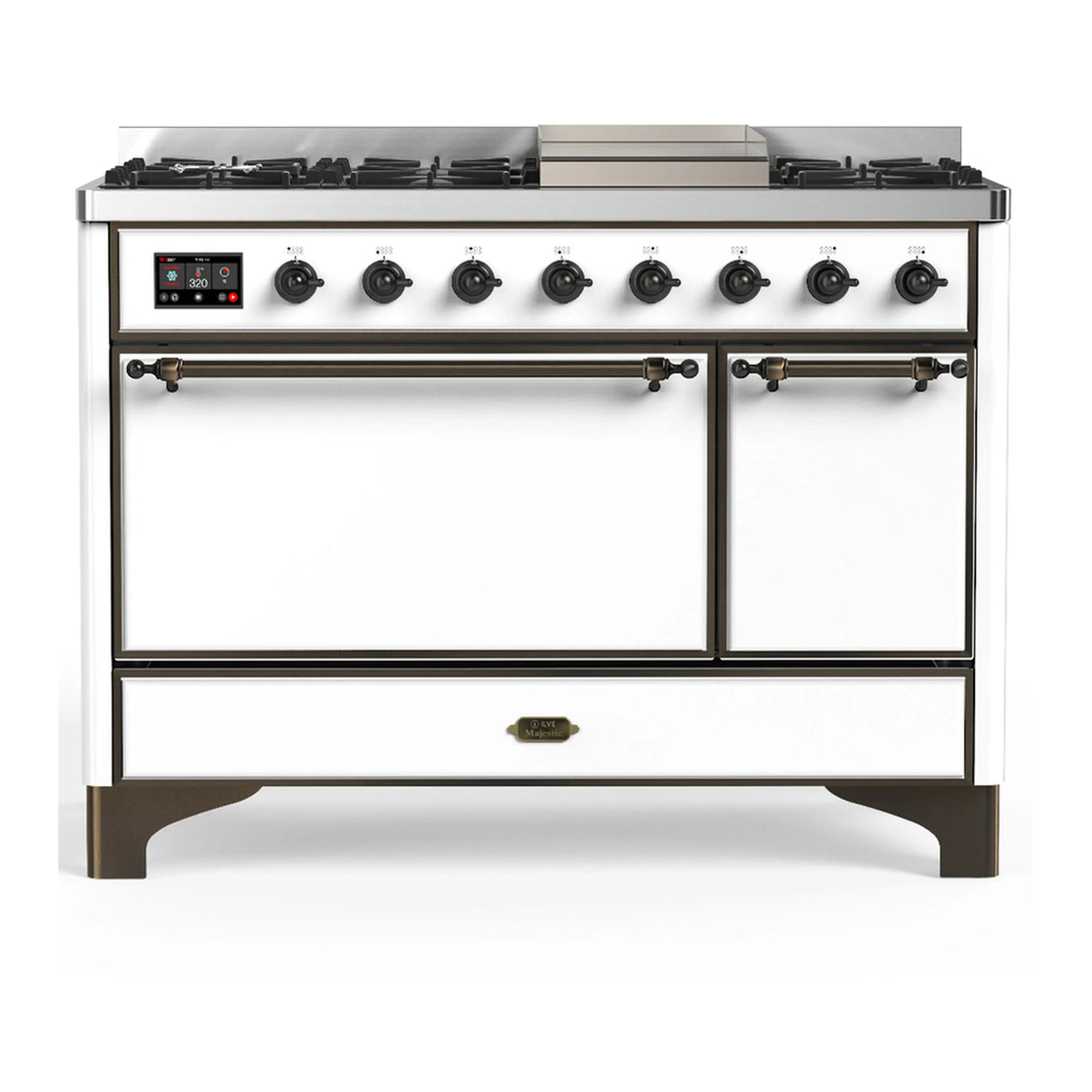 ILVE Majestic III 48-inch Dual Fuel Range with 5 Natural Gas Burner, Griddle and Solid Door Electric Oven in White with Burnished Trim (UM48FQNR3WHB)
