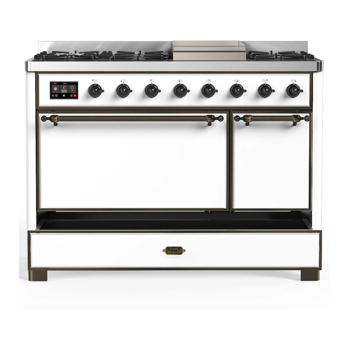 ILVE Majestic III 48-inch Dual Fuel Range with 5 Natural Gas Burner, Griddle and Solid Door Electric Oven in White with Burnished Trim (UM48FQNR3WHB)