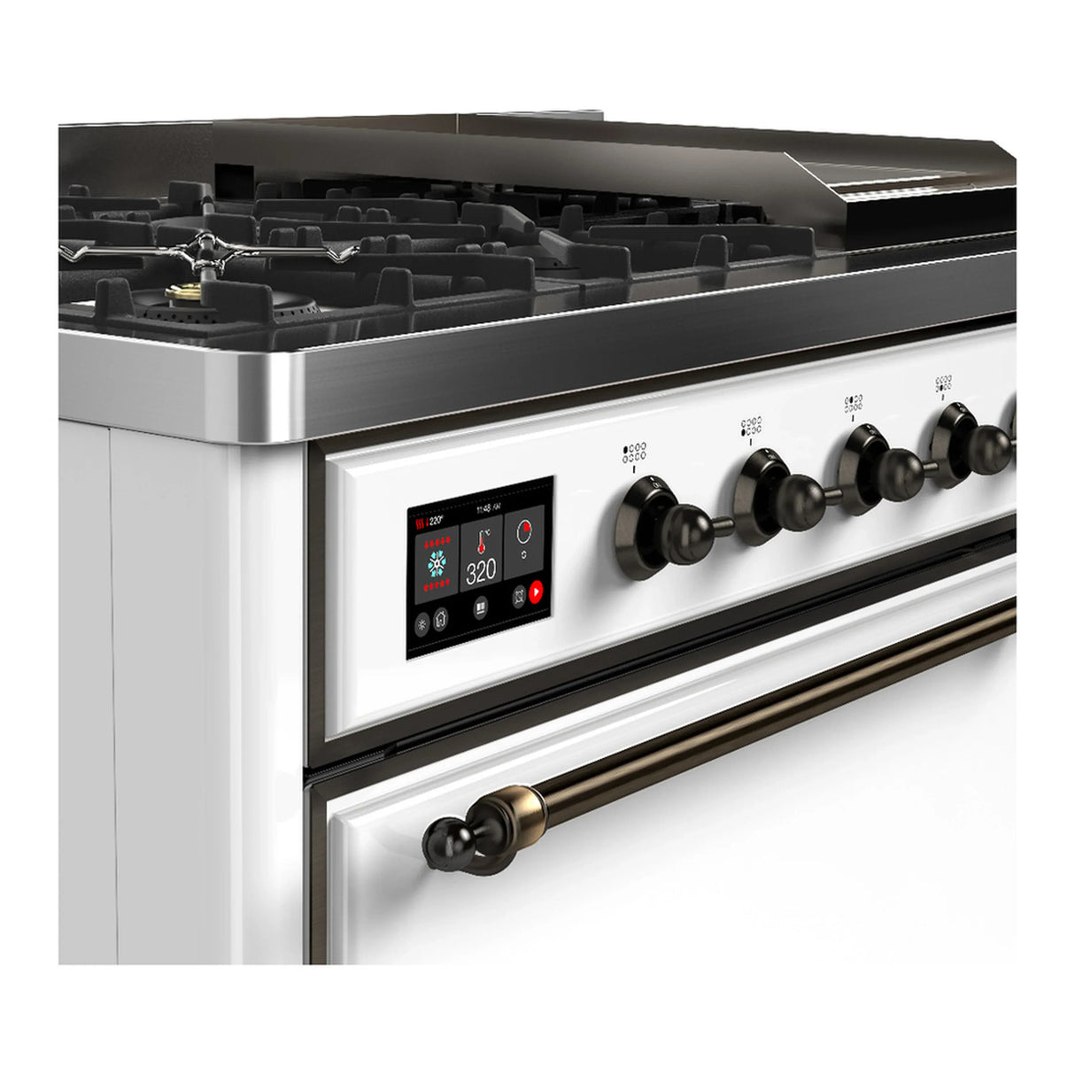 ILVE Majestic III 48-inch Dual Fuel Range with 5 Natural Gas Burner, Griddle and Solid Door Electric Oven in White with Burnished Trim (UM48FQNR3WHB)
