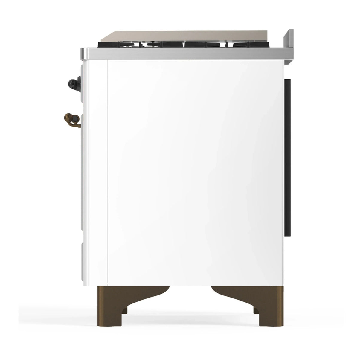 ILVE Majestic III 48-inch Dual Fuel Range with 5 Natural Gas Burner, Griddle and Solid Door Electric Oven in White with Burnished Trim (UM48FQNR3WHB)