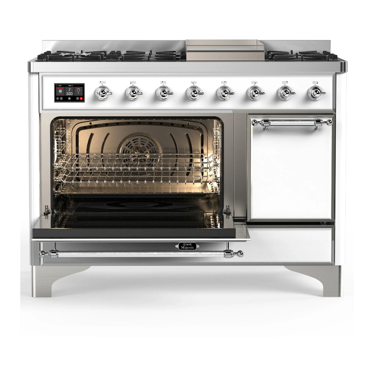 ILVE Majestic III 48-inch Dual Fuel Range with 5 Natural Gas Burner, Griddle and Solid Door Electric Oven in White with Chrome Trim (UM48FQNR3WHC)