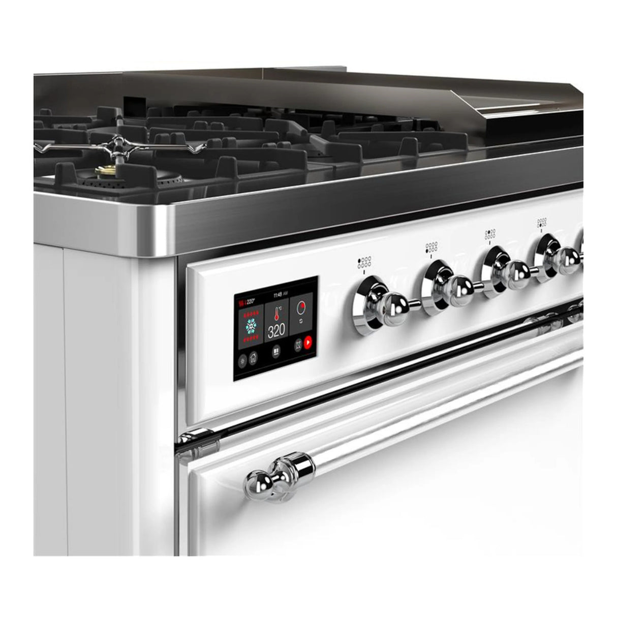 ILVE Majestic III 48-inch Dual Fuel Range with 5 Natural Gas Burner, Griddle and Solid Door Electric Oven in White with Chrome Trim (UM48FQNR3WHC)