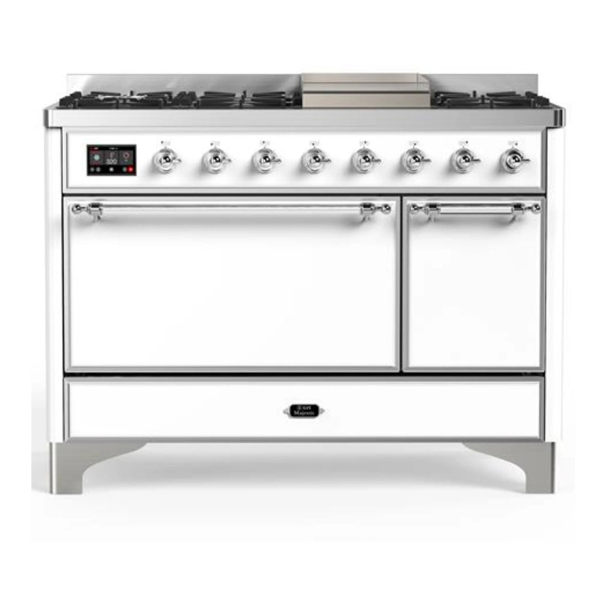 ILVE Majestic III 48-inch Dual Fuel Range with 5 Natural Gas Burner, Griddle and Solid Door Electric Oven in White with Chrome Trim (UM48FQNR3WHC)