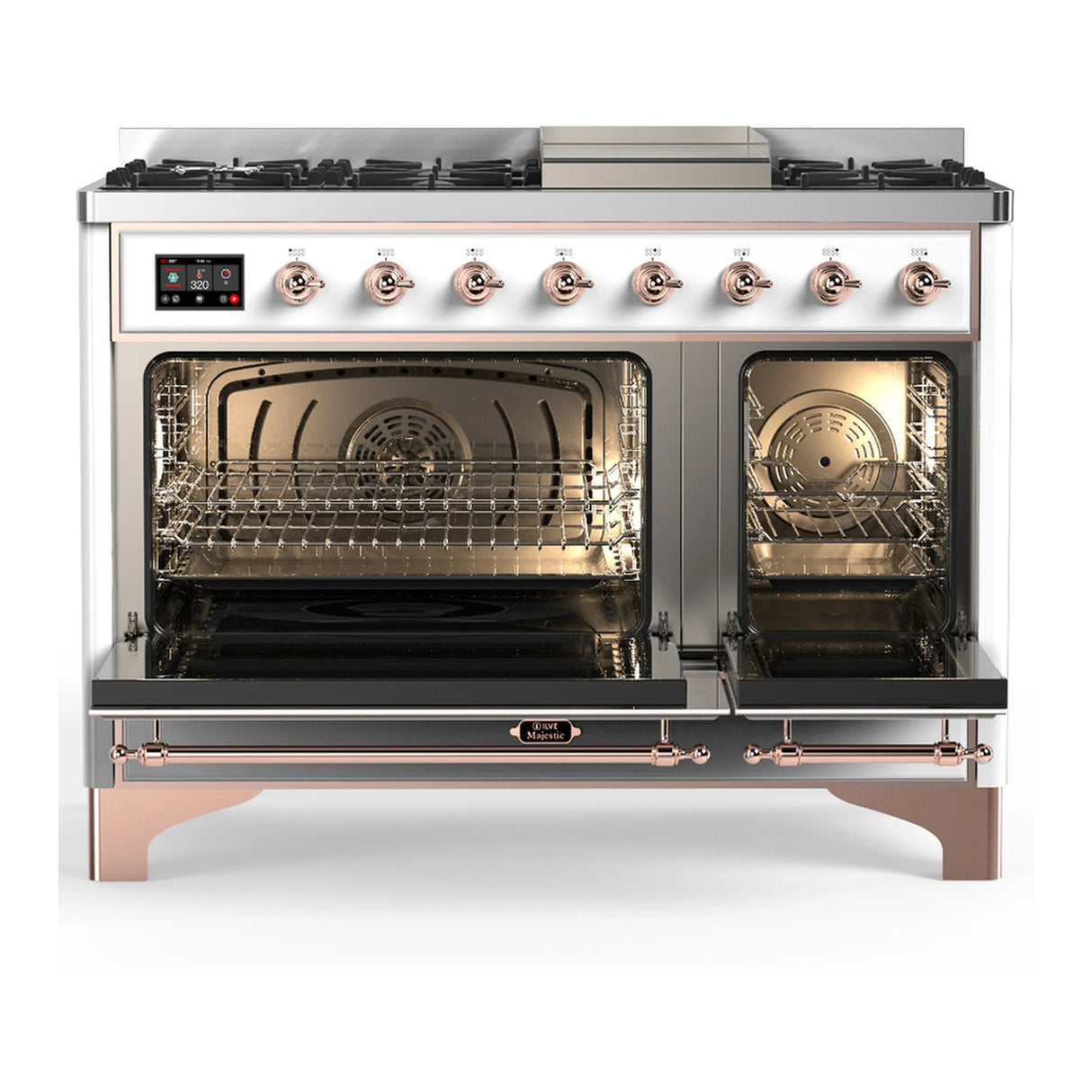 ILVE Majestic III 48-inch Dual Fuel Range with 5 Liquid Propane Burner, Griddle and Solid Door Electric Oven in White with Copper Trim (UM48FQNR3WHPLP)