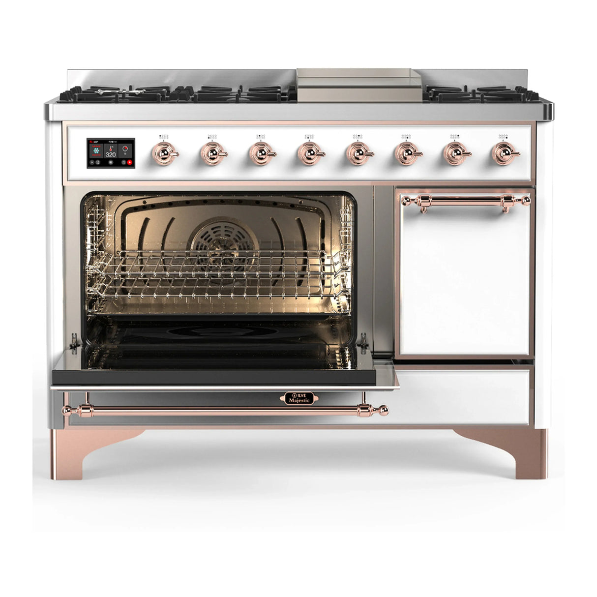 ILVE Majestic III 48-inch Dual Fuel Range with 5 Liquid Propane Burner, Griddle and Solid Door Electric Oven in White with Copper Trim (UM48FQNR3WHPLP)