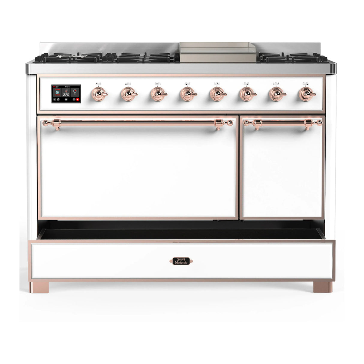 ILVE Majestic III 48-inch Dual Fuel Range with 5 Liquid Propane Burner, Griddle and Solid Door Electric Oven in White with Copper Trim (UM48FQNR3WHPLP)