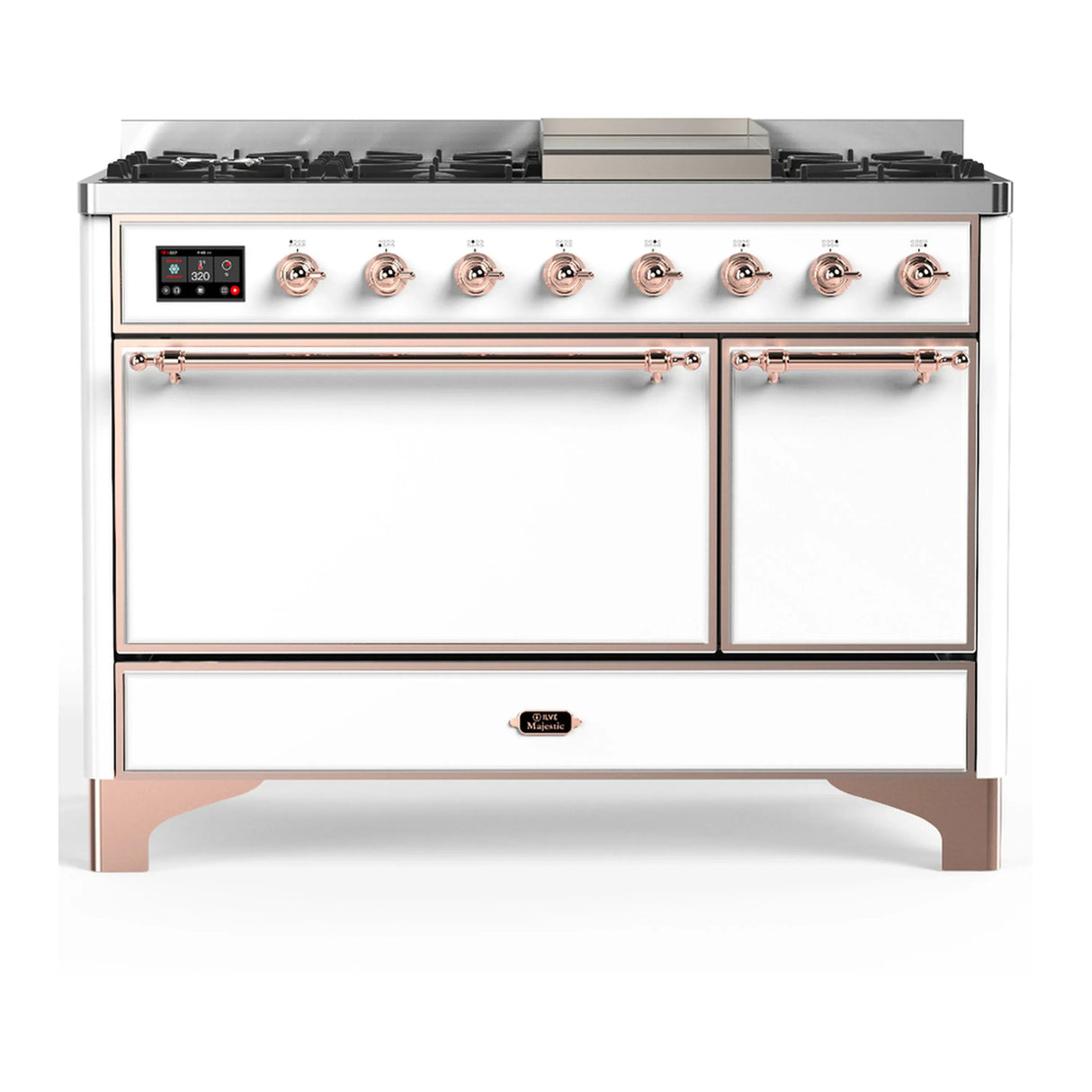 ILVE Majestic III 48-inch Dual Fuel Range with 5 Liquid Propane Burner, Griddle and Solid Door Electric Oven in White with Copper Trim (UM48FQNR3WHPLP)