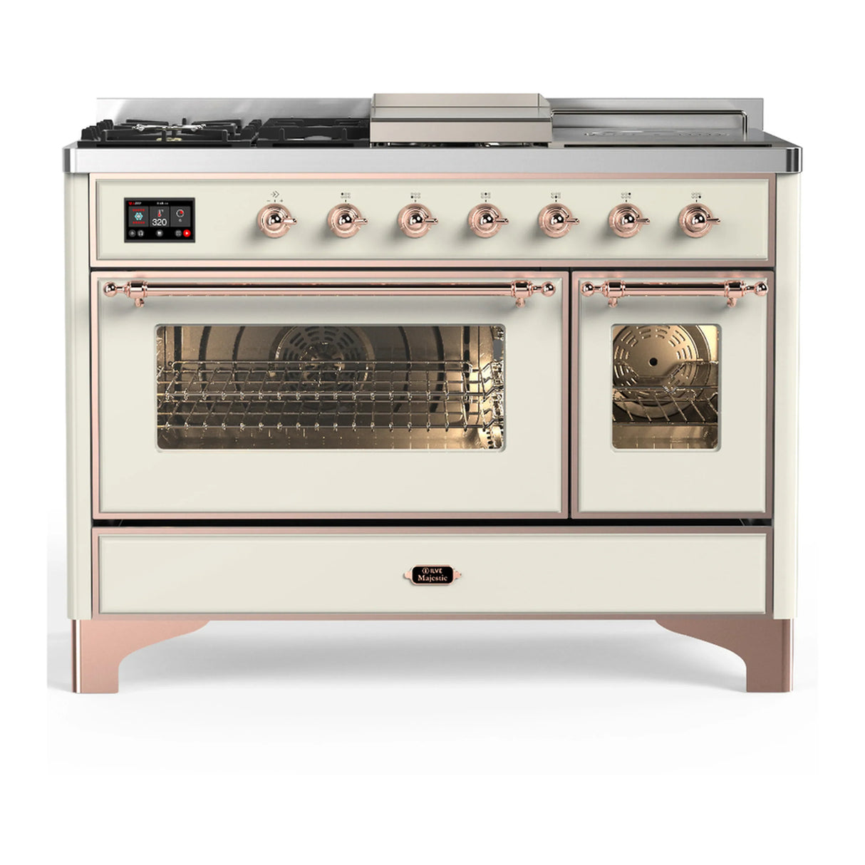 ILVE Majestic III 48-inch Dual Fuel Range with 5 Natural Gas Burner, Griddle, French Top and Triple Glass Door Electric Oven in Antique White with Copper Trim (UM48FSNR3AWP)