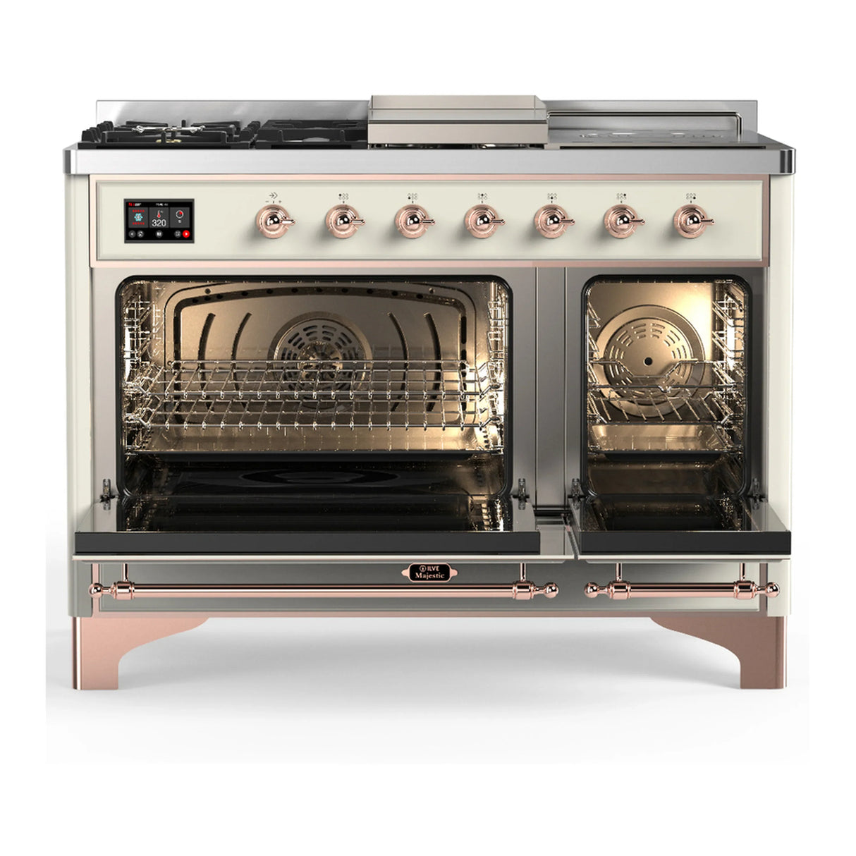 ILVE Majestic III 48-inch Dual Fuel Range with 5 Natural Gas Burner, Griddle, French Top and Triple Glass Door Electric Oven in Antique White with Copper Trim (UM48FSNR3AWP)