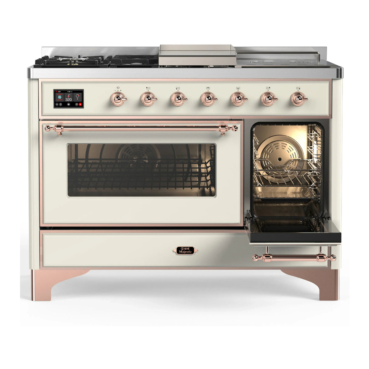 ILVE Majestic III 48-inch Dual Fuel Range with 5 Natural Gas Burner, Griddle, French Top and Triple Glass Door Electric Oven in Antique White with Copper Trim (UM48FSNR3AWP)