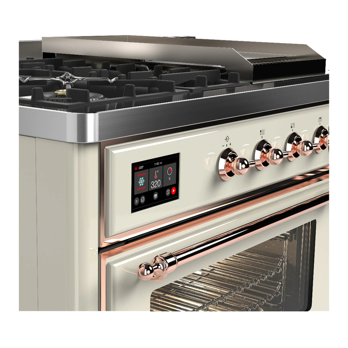 ILVE Majestic III 48-inch Dual Fuel Range with 5 Natural Gas Burner, Griddle, French Top and Triple Glass Door Electric Oven in Antique White with Copper Trim (UM48FSNR3AWP)