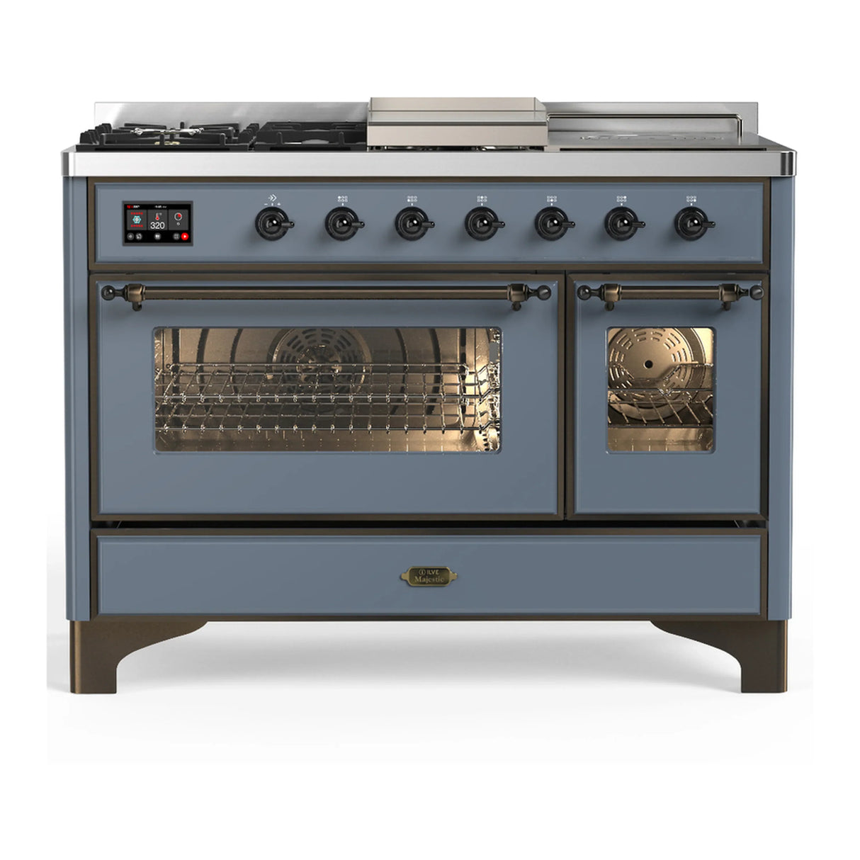ILVE Majestic III 48-inch Dual Fuel Range with 5 Natural Gas Burner, Griddle, French Top and Triple Glass Door Electric Oven in Blue Grey with Burnished Trim (UM48FSNR3BGB)