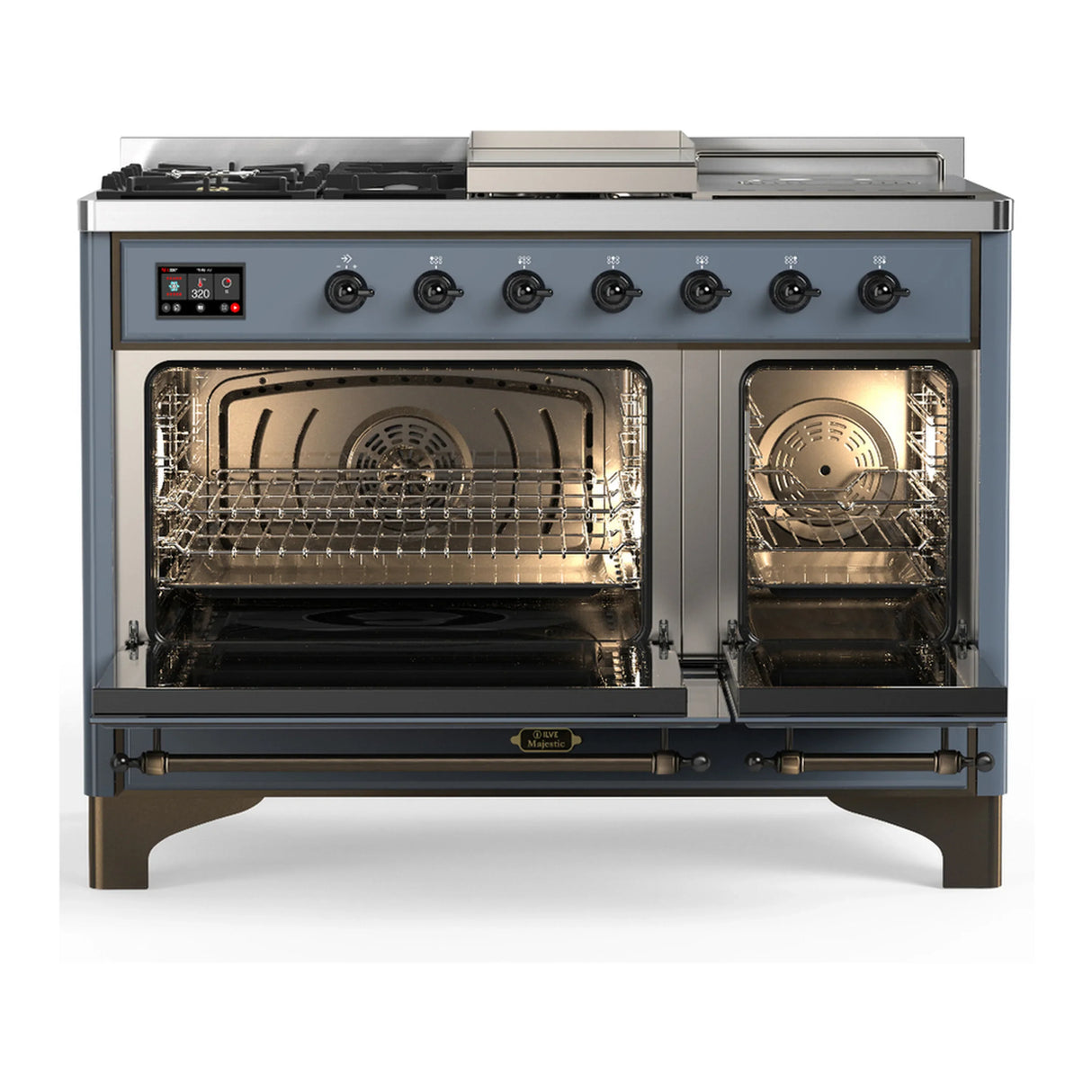 ILVE Majestic III 48-inch Dual Fuel Range with 5 Natural Gas Burner, Griddle, French Top and Triple Glass Door Electric Oven in Blue Grey with Burnished Trim (UM48FSNR3BGB)