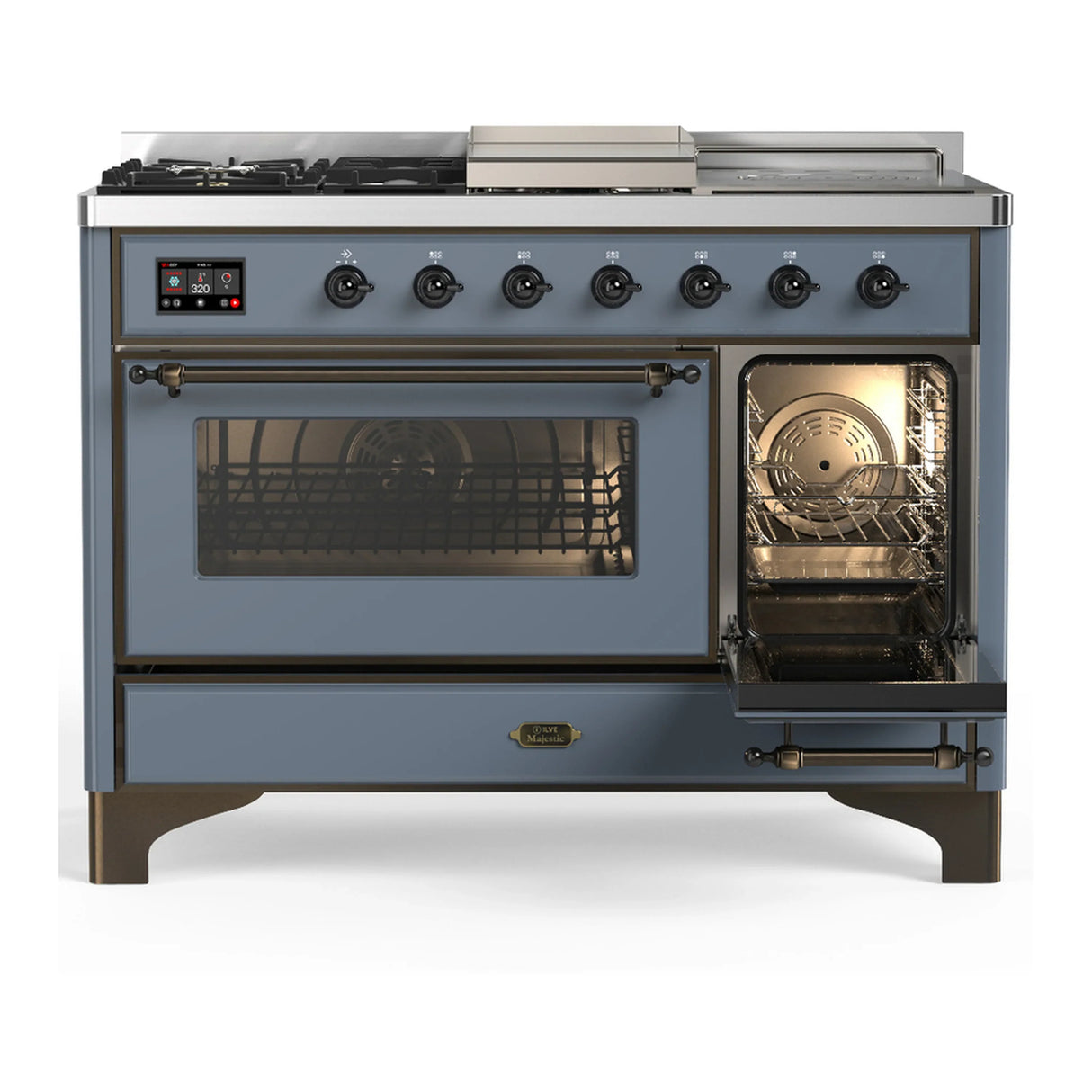 ILVE Majestic III 48-inch Dual Fuel Range with 5 Natural Gas Burner, Griddle, French Top and Triple Glass Door Electric Oven in Blue Grey with Burnished Trim (UM48FSNR3BGB)