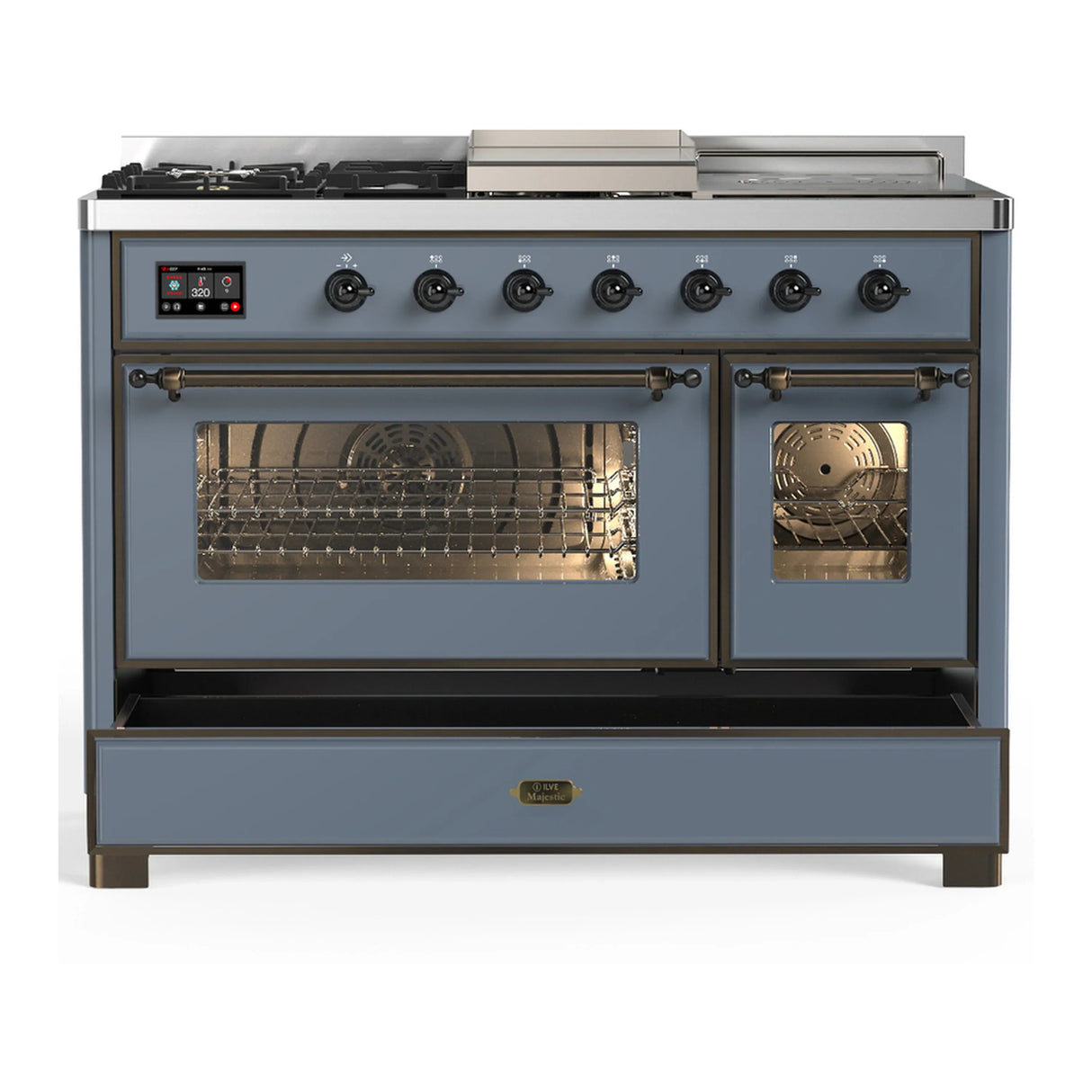 ILVE Majestic III 48-inch Dual Fuel Range with 5 Natural Gas Burner, Griddle, French Top and Triple Glass Door Electric Oven in Blue Grey with Burnished Trim (UM48FSNR3BGB)