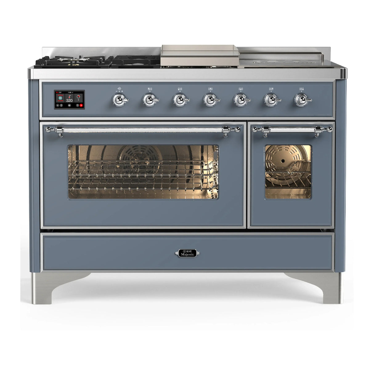 ILVE Majestic III 48-inch Dual Fuel Range with 5 Liquid Propane Burner, Griddle, French Top and Triple Glass Door Electric Oven in Blue Grey with Chrome Trim (UM48FSNR3BGCLP)