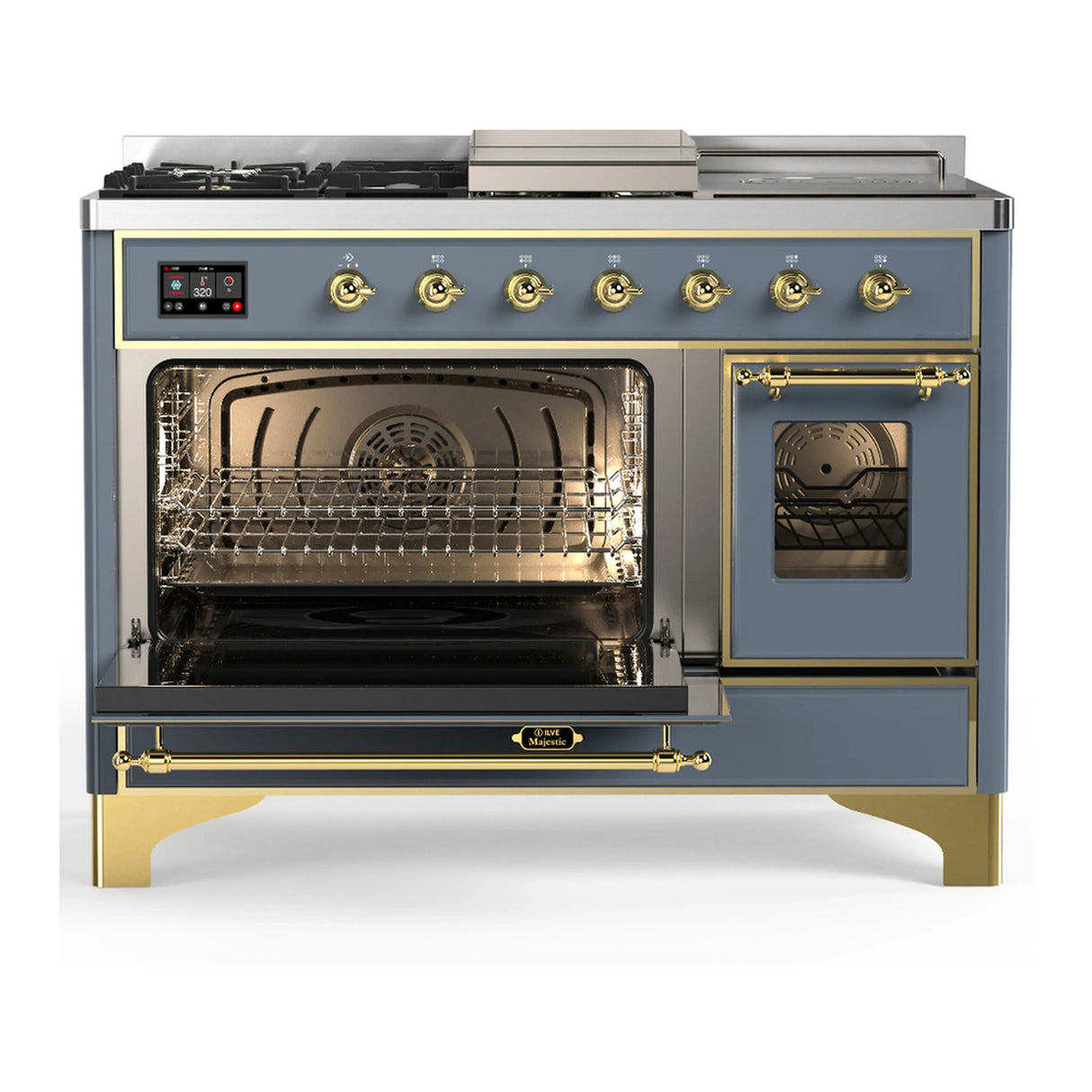 ILVE Majestic III 48-inch Dual Fuel Range with 5 Liquid Propane Burner, Griddle, French Top and Triple Glass Door Electric Oven in Blue Grey with Brass Trim (UM48FSNR3BGGLP)
