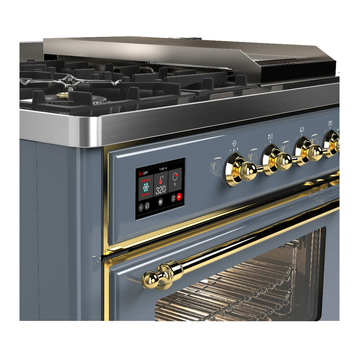 ILVE Majestic III 48-inch Dual Fuel Range with 5 Liquid Propane Burner, Griddle, French Top and Triple Glass Door Electric Oven in Blue Grey with Brass Trim (UM48FSNR3BGGLP)