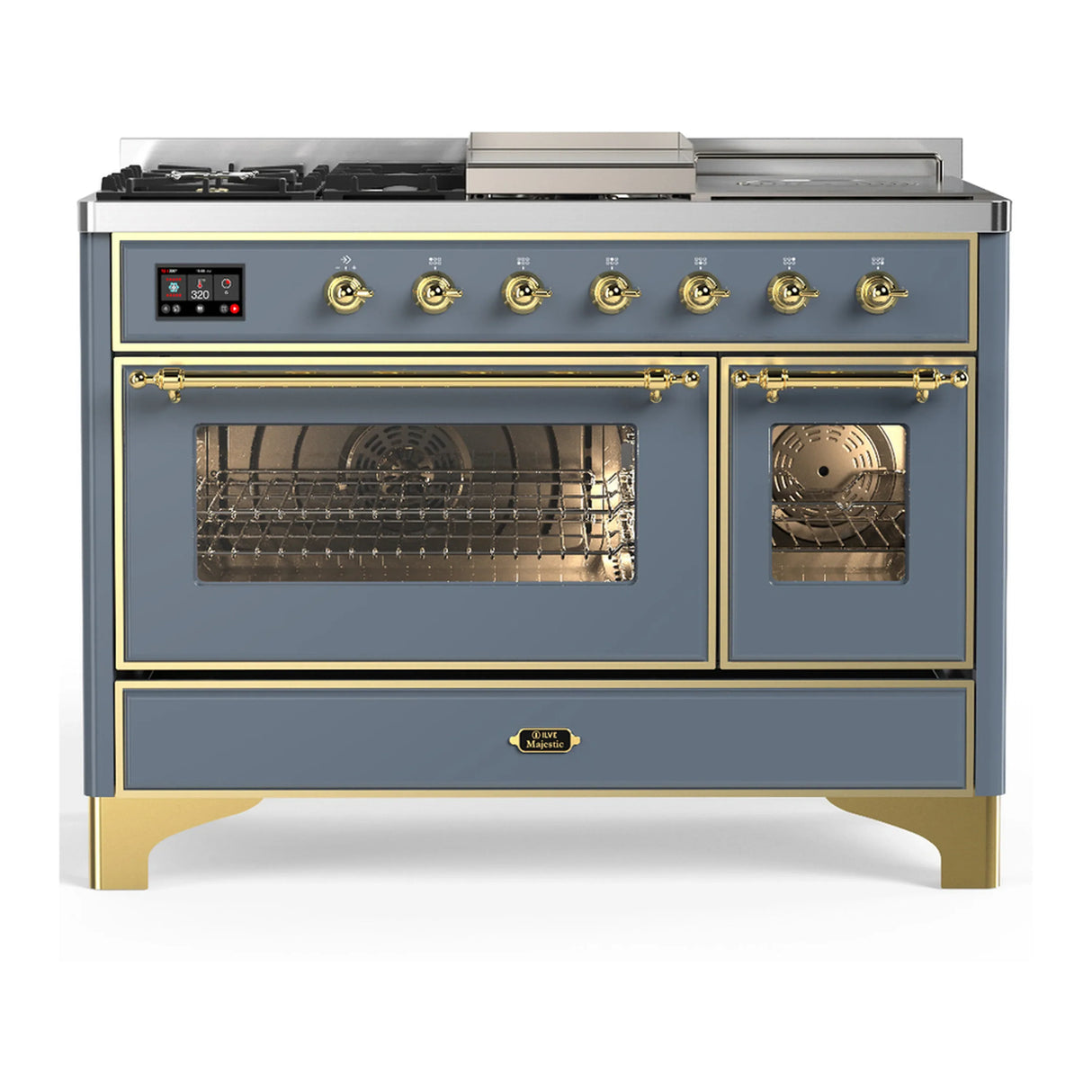 ILVE Majestic III 48-inch Dual Fuel Range with 5 Liquid Propane Burner, Griddle, French Top and Triple Glass Door Electric Oven in Blue Grey with Brass Trim (UM48FSNR3BGGLP)