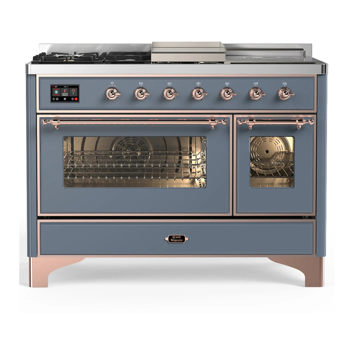 ILVE Majestic III 48-inch Dual Fuel Range with 5 Natural Gas Burner, Griddle, French Top and Triple Glass Door Electric Oven in Blue Grey with Copper Trim (UM48FSNR3BGP)