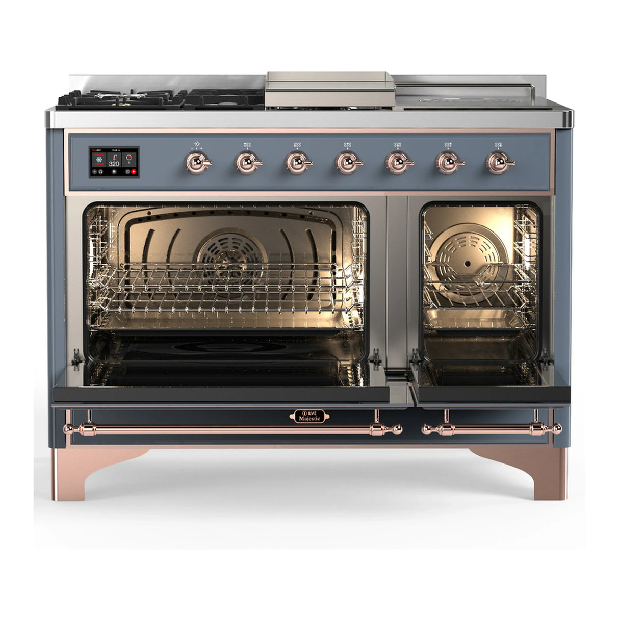 ILVE Majestic III 48-inch Dual Fuel Range with 5 Natural Gas Burner, Griddle, French Top and Triple Glass Door Electric Oven in Blue Grey with Copper Trim (UM48FSNR3BGP)