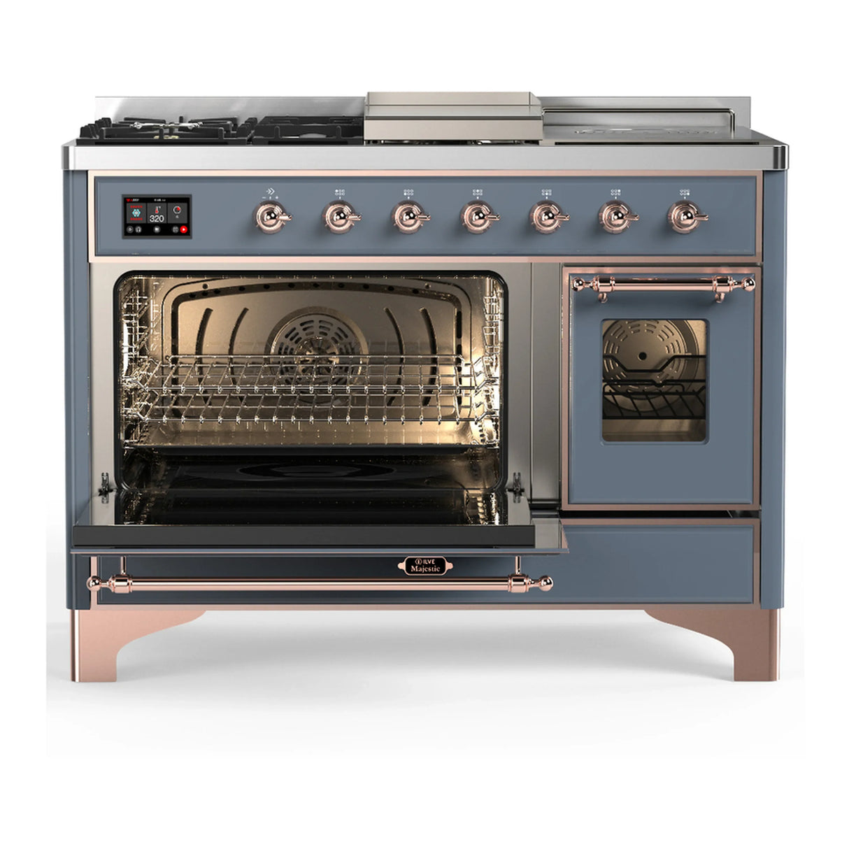ILVE Majestic III 48-inch Dual Fuel Range with 5 Natural Gas Burner, Griddle, French Top and Triple Glass Door Electric Oven in Blue Grey with Copper Trim (UM48FSNR3BGP)