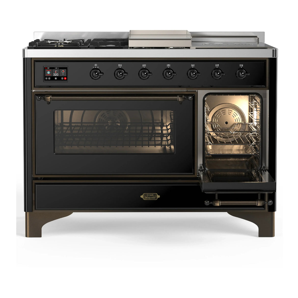 ILVE Majestic III 48-inch Dual Fuel Range with 5 Natural Gas Burner, Griddle, French Top and Triple Glass Door Electric Oven in Glossy Black with Burnished Trim (UM48FSNR3BKB)