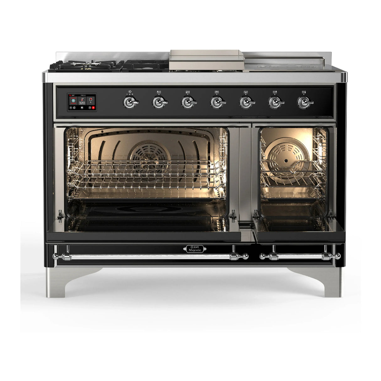 ILVE Majestic III 48-inch Dual Fuel Range with 5 Natural Gas Burner, Griddle, French Top and Triple Glass Door Electric Oven in Glossy Black with Chrome Trim (UM48FSNR3BKC)