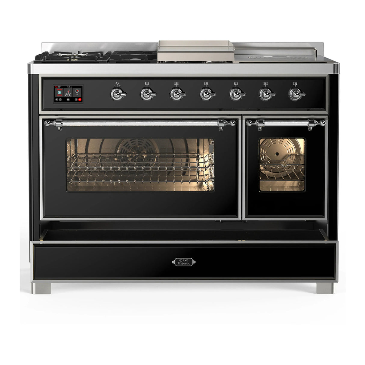 ILVE Majestic III 48-inch Dual Fuel Range with 5 Natural Gas Burner, Griddle, French Top and Triple Glass Door Electric Oven in Glossy Black with Chrome Trim (UM48FSNR3BKC)
