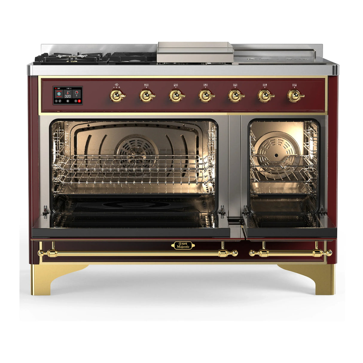ILVE Majestic III 48-inch Dual Fuel Range with 5 Liquid Propane Burner, Griddle, French Top and Triple Glass Door Electric Oven in Burgundy with Brass Trim (UM48FSNR3BUGLP)