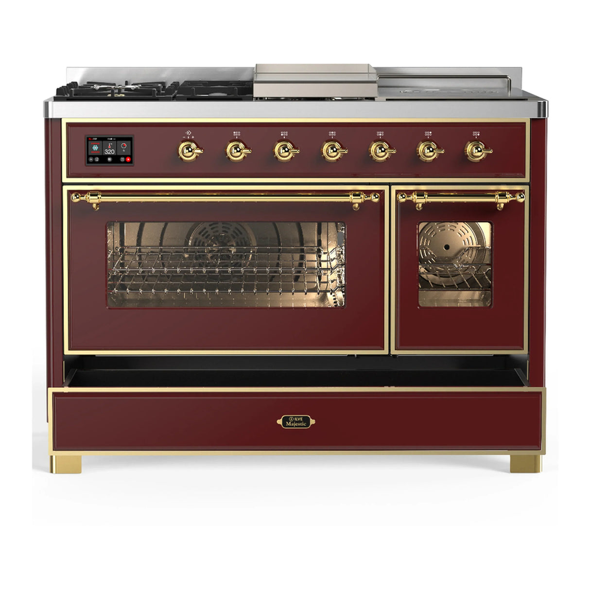 ILVE Majestic III 48-inch Dual Fuel Range with 5 Liquid Propane Burner, Griddle, French Top and Triple Glass Door Electric Oven in Burgundy with Brass Trim (UM48FSNR3BUGLP)