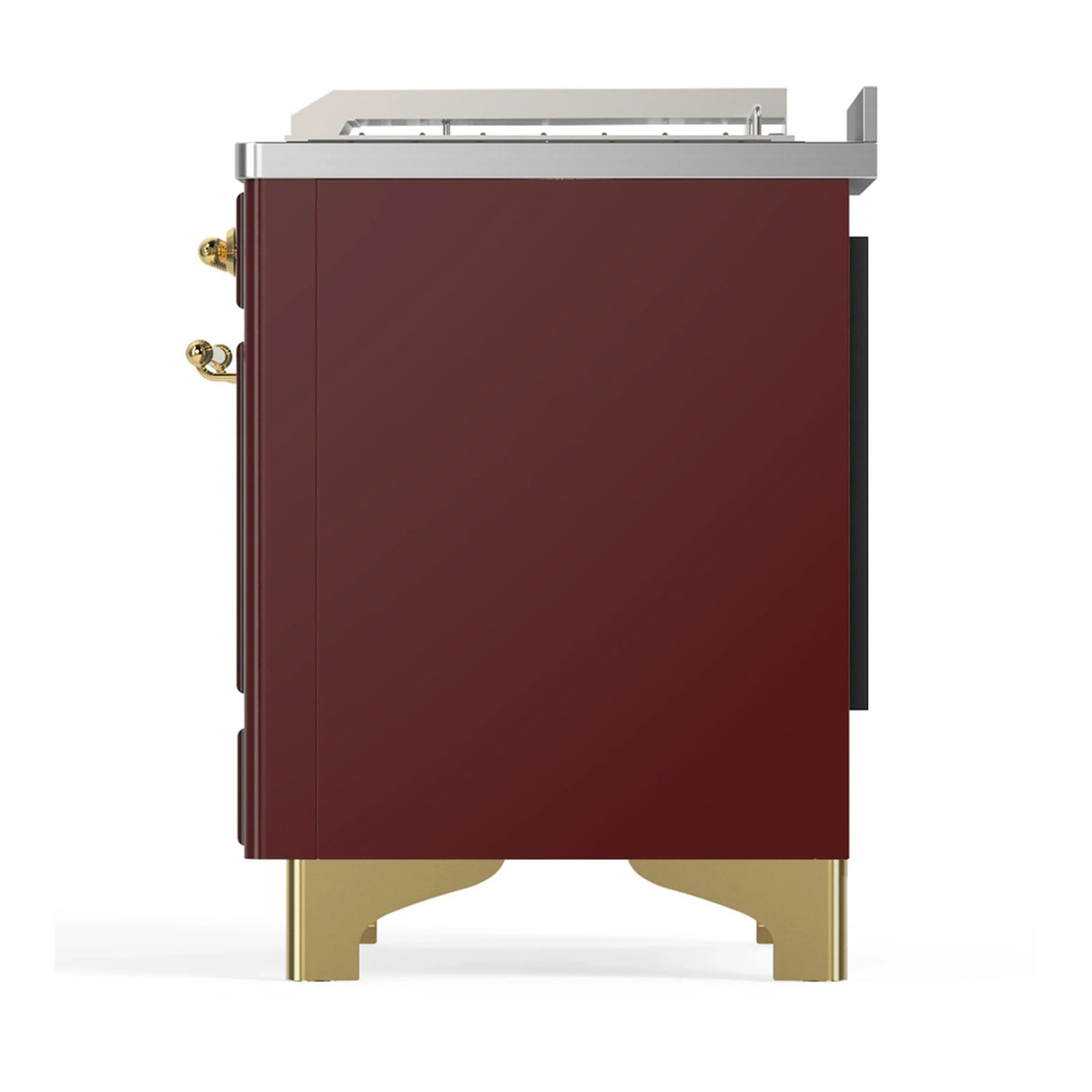 ILVE Majestic III 48-inch Dual Fuel Range with 5 Liquid Propane Burner, Griddle, French Top and Triple Glass Door Electric Oven in Burgundy with Brass Trim (UM48FSNR3BUGLP)