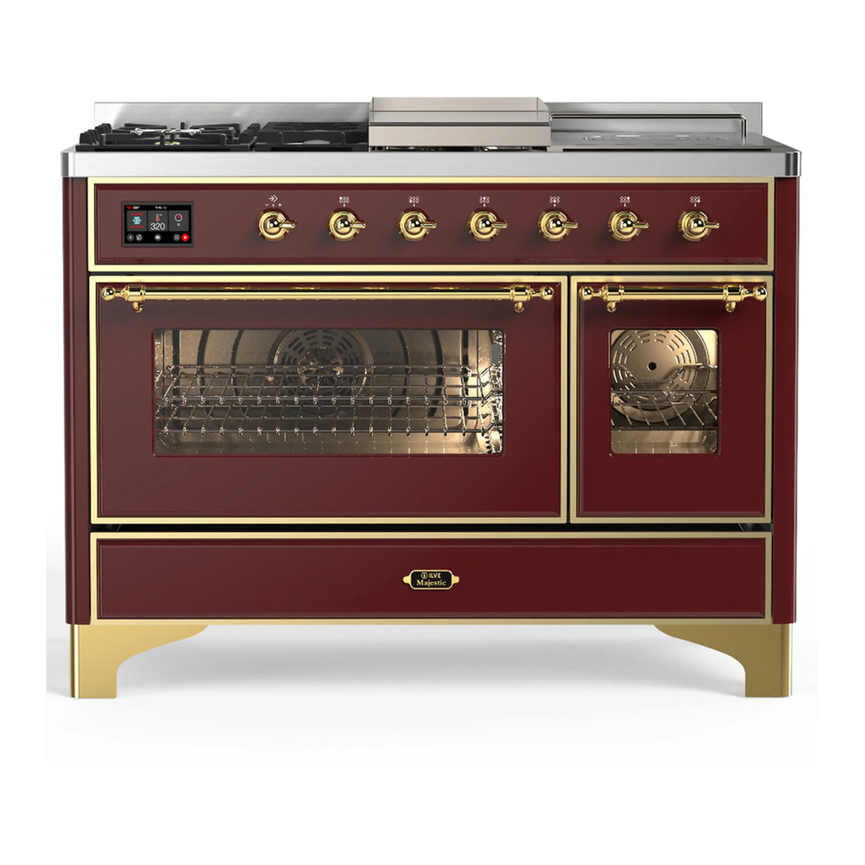 ILVE Majestic III 48-inch Dual Fuel Range with 5 Liquid Propane Burner, Griddle, French Top and Triple Glass Door Electric Oven in Burgundy with Brass Trim (UM48FSNR3BUGLP)
