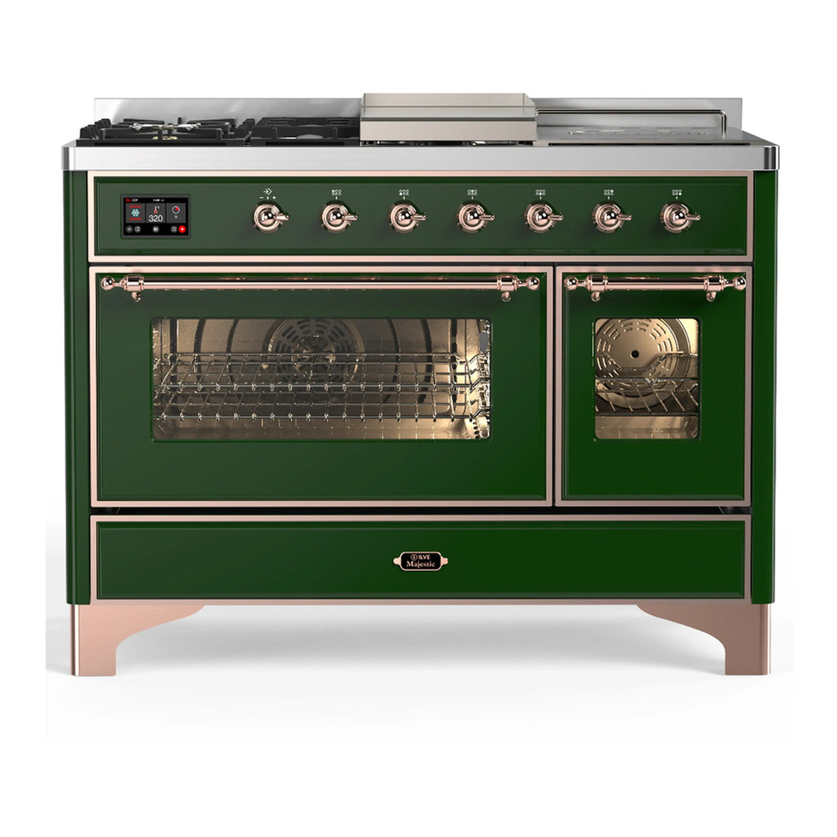 ILVE Majestic III 48-inch Dual Fuel Range with 5 Natural Gas Burner, Griddle, French Top and Triple Glass Door Electric Oven in Emerald Green with Copper Trim (UM48FSNR3EGP)