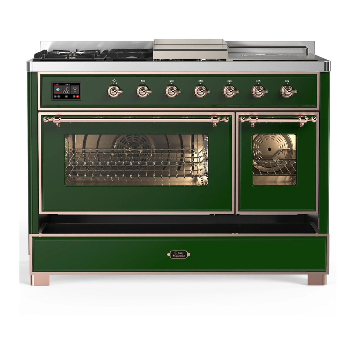 ILVE Majestic III 48-inch Dual Fuel Range with 5 Natural Gas Burner, Griddle, French Top and Triple Glass Door Electric Oven in Emerald Green with Copper Trim (UM48FSNR3EGP)