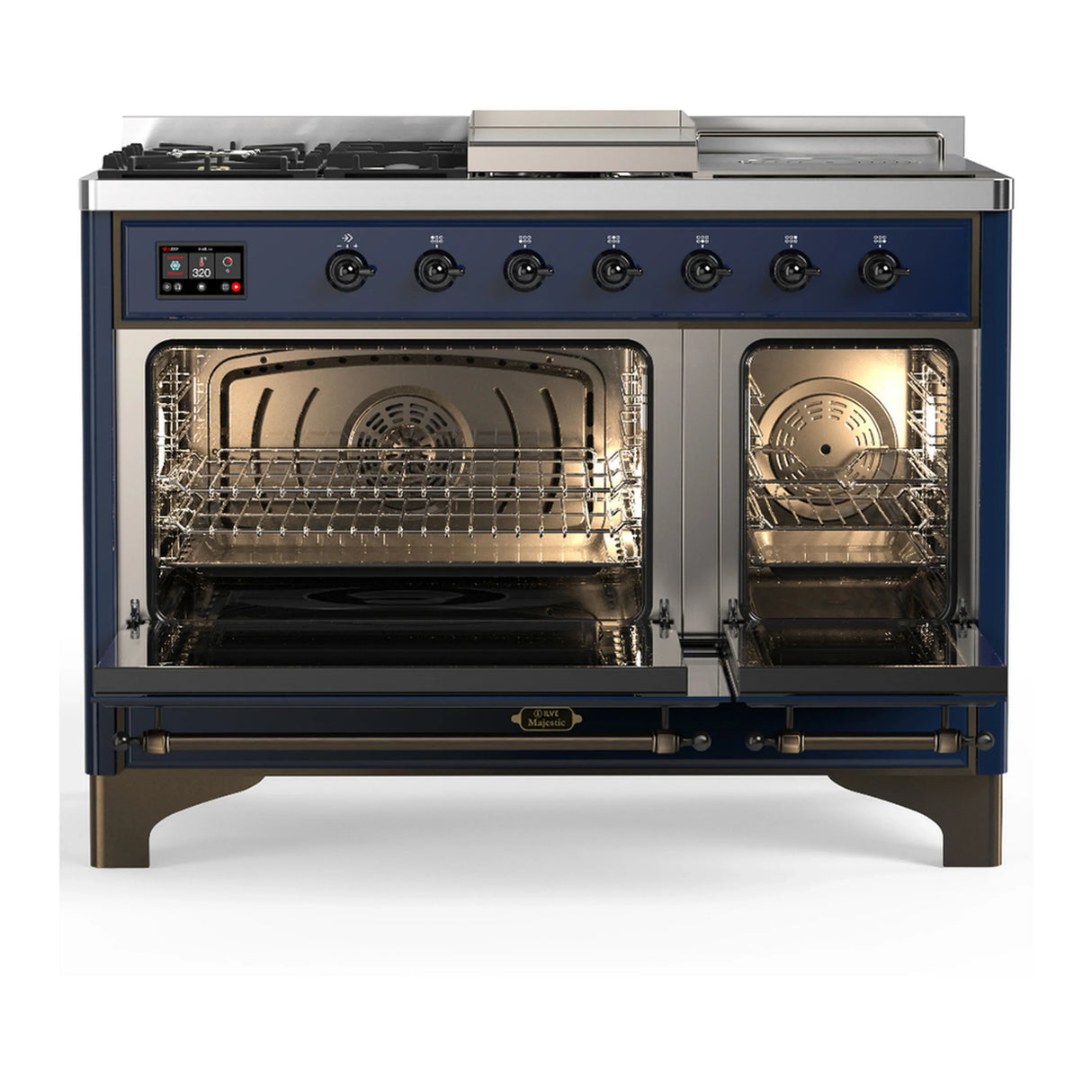 ILVE Majestic III 48-inch Dual Fuel Range with 5 Liquid Propane Burner, Griddle, French Top and Triple Glass Door Electric Oven in Midnight Blue with Burnished Trim (UM48FSNR3MBBLP)
