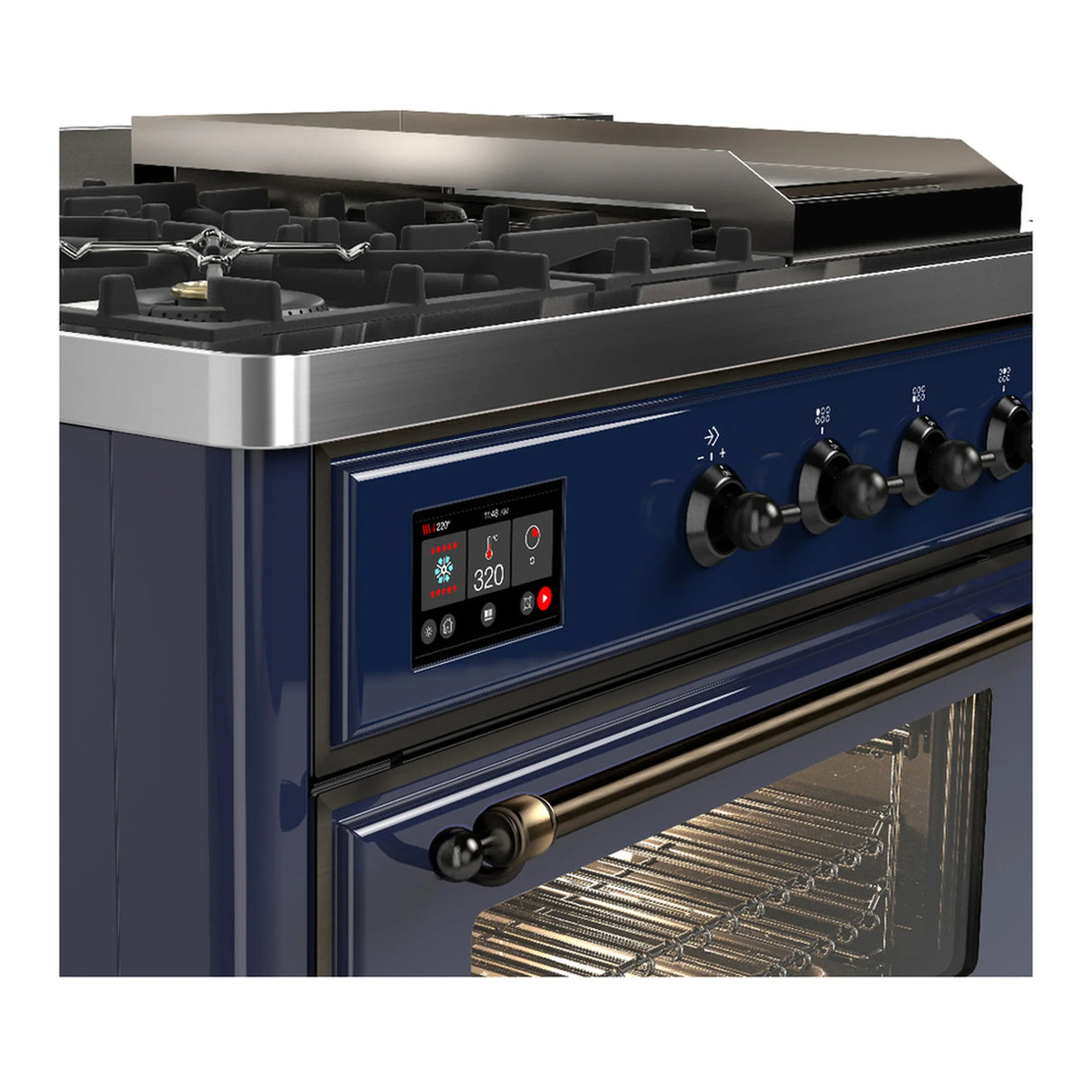 ILVE Majestic III 48-inch Dual Fuel Range with 5 Liquid Propane Burner, Griddle, French Top and Triple Glass Door Electric Oven in Midnight Blue with Burnished Trim (UM48FSNR3MBBLP)
