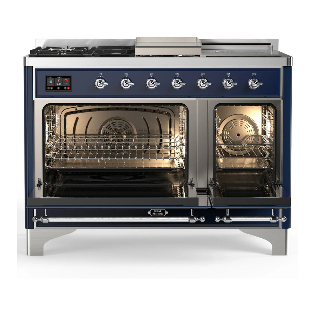 ILVE Majestic III 48-inch Dual Fuel Range with 5 Natural Gas Burner, Griddle, French Top and Triple Glass Door Electric Oven in Midnight Blue with Chrome Trim (UM48FSNR3MBC)